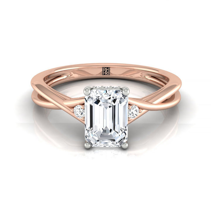 Emerald Cut, Twisted Shank Hidden Halo Solitaire Emerald, in 14K Rose Gold – front view | RockHer