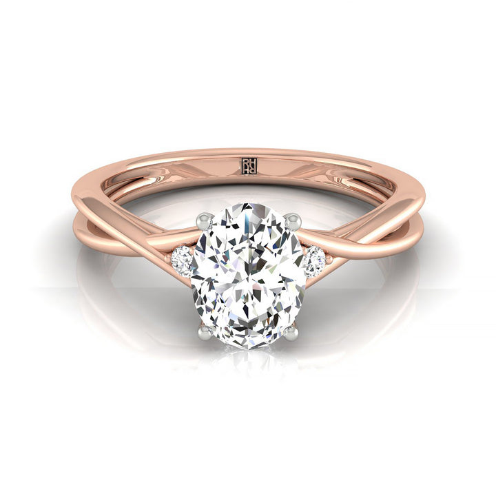 Twisted Shank Hidden Halo Solitaire Oval, in 14K Rose Gold – front view | RockHer