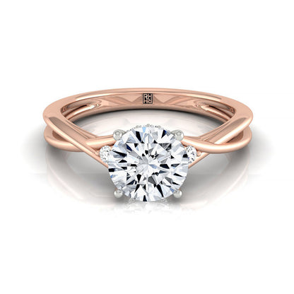 Round Brilliant, Twisted Shank Hidden Halo Solitaire Round, in 14K Rose Gold – front view | RockHer