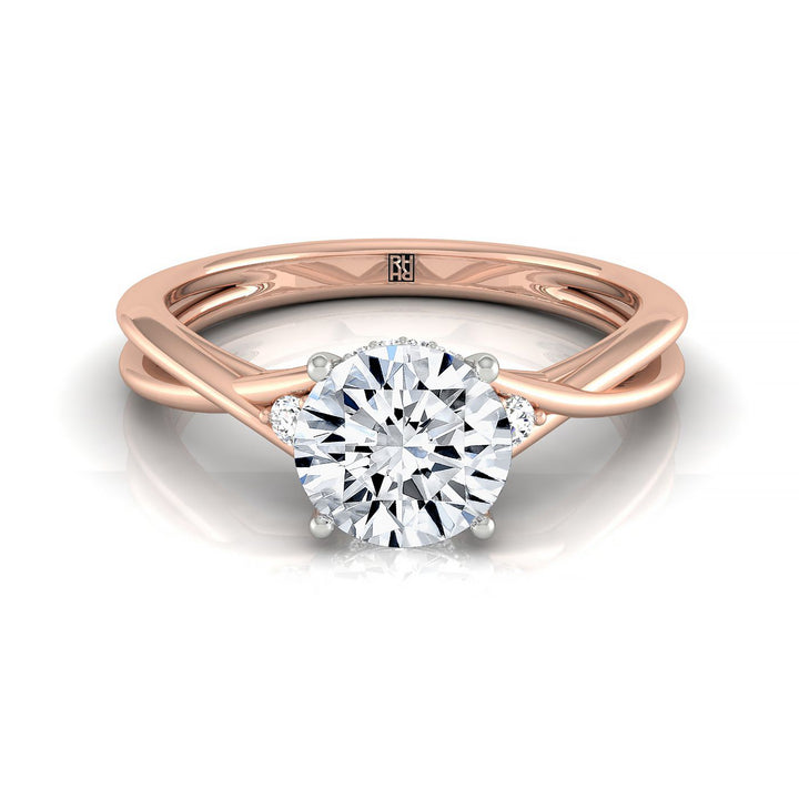 Round Brilliant, Twisted Shank Hidden Halo Solitaire Round, in 14K Rose Gold – front view | RockHer