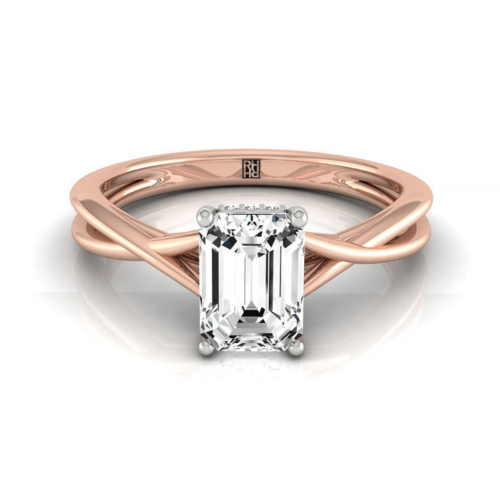 Emerald Cut, Twisted Shank Hidden Halo Solitaire Emerald, in 14K Rose Gold – front view | RockHer