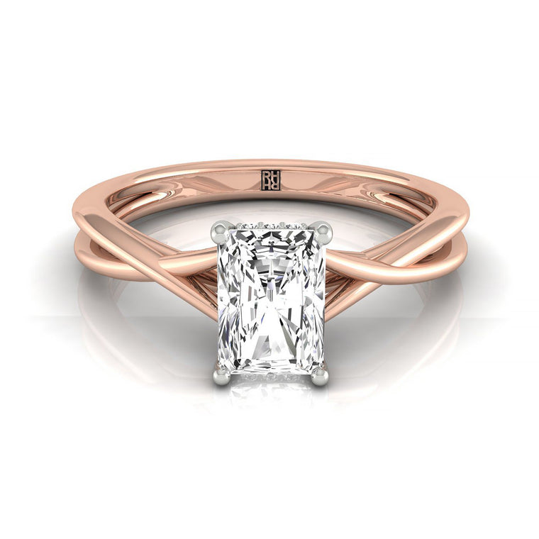 The Grace Twisted Shank Hidden Halo Solitaire Radiant Cut Engagement Ring Setting in 14K Rose Gold