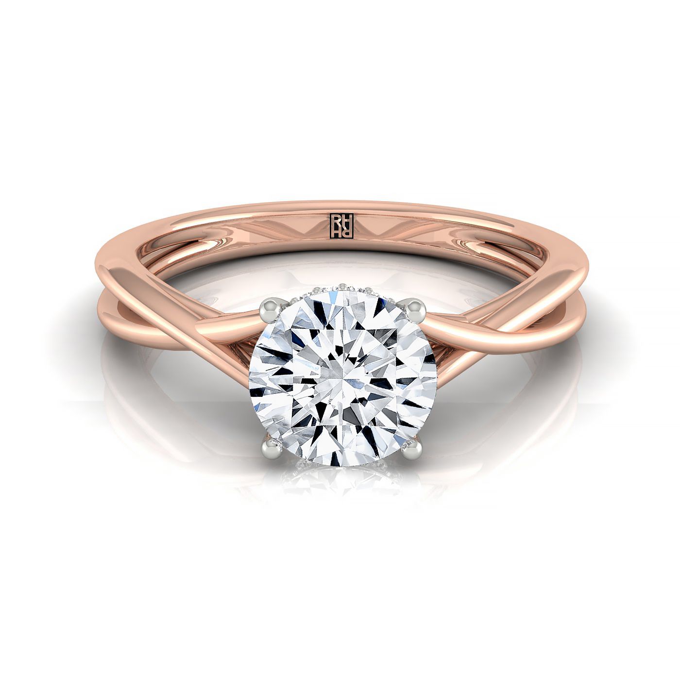 The Grace twisted shank hidden halo solitaire engagement ring setting, shown in 14K Rose Gold | RockHer