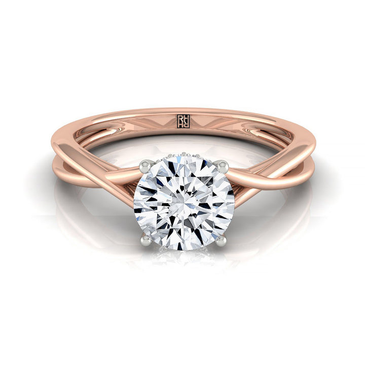 Round Brilliant, Twisted Shank Hidden Halo Solitaire Round, in 14K Rose Gold – front view | RockHer