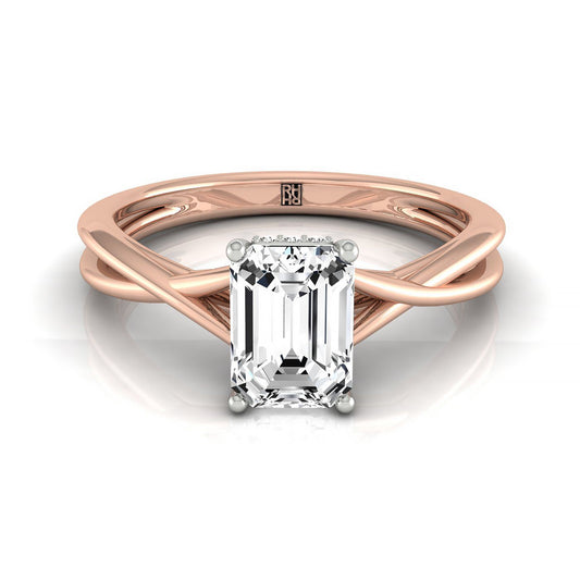 14kr Emerald Twisted Shank Double Hidden Halo Solitaire Engagement Ring With 30 Prong Set Round Diamonds