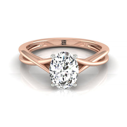 Twisted Shank Double Hidden Halo Solitaire Oval, in 14K Rose Gold – front view | RockHer