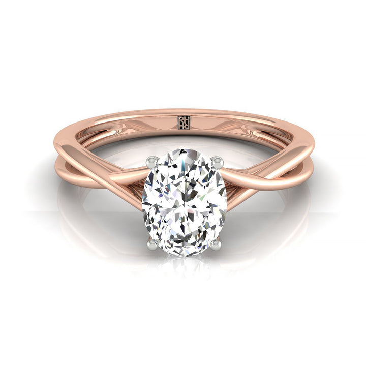 Twisted Shank Double Hidden Halo Solitaire Oval, in 14K Rose Gold – front view | RockHer