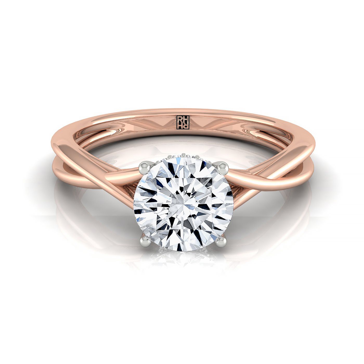14kr Round Twisted Shank Double Hidden Halo Solitaire Engagement Ring With 28 Prong Set Round Diamonds