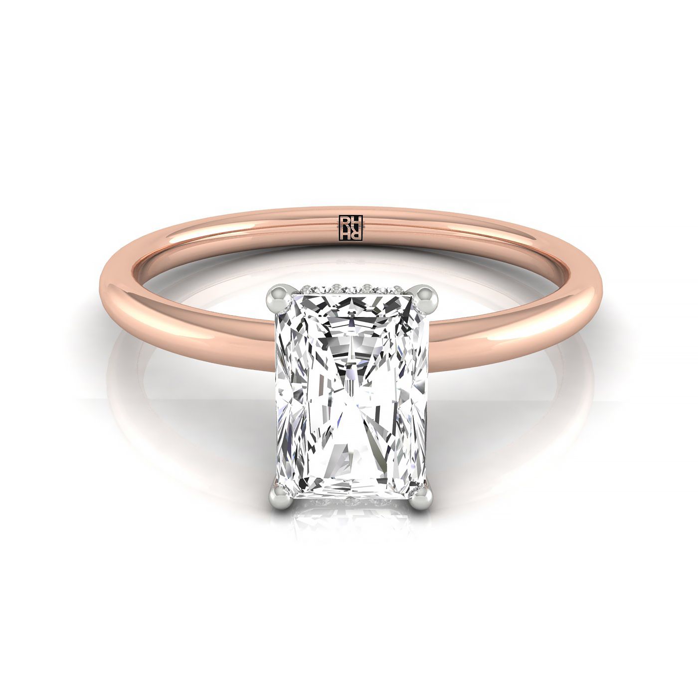 The Dolly double hidden halo solitaire cut engagement ring setting, shown in 14K Rose Gold | RockHer