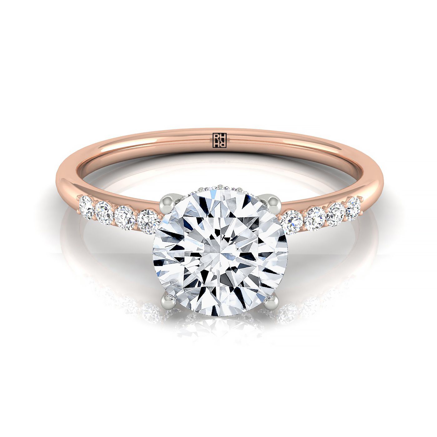 The Abbey hidden halo pavé engagement ring setting, shown in 14K Rose Gold | RockHer