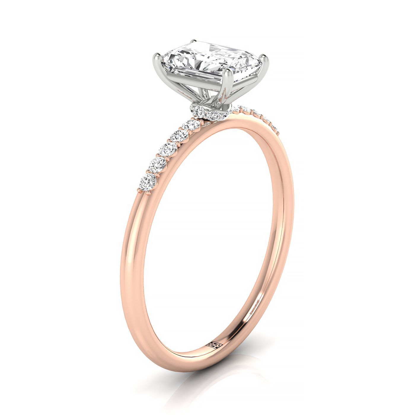 14kr Radiant Hidden Halo Quarter Shank Engagement Ring With 18 Prong Set Round Diamonds