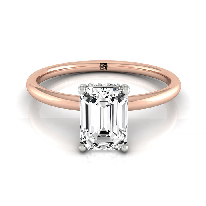 Emerald Cut, Upper Hidden Halo Solitaire Emerald, in 14K Rose Gold – front view | RockHer