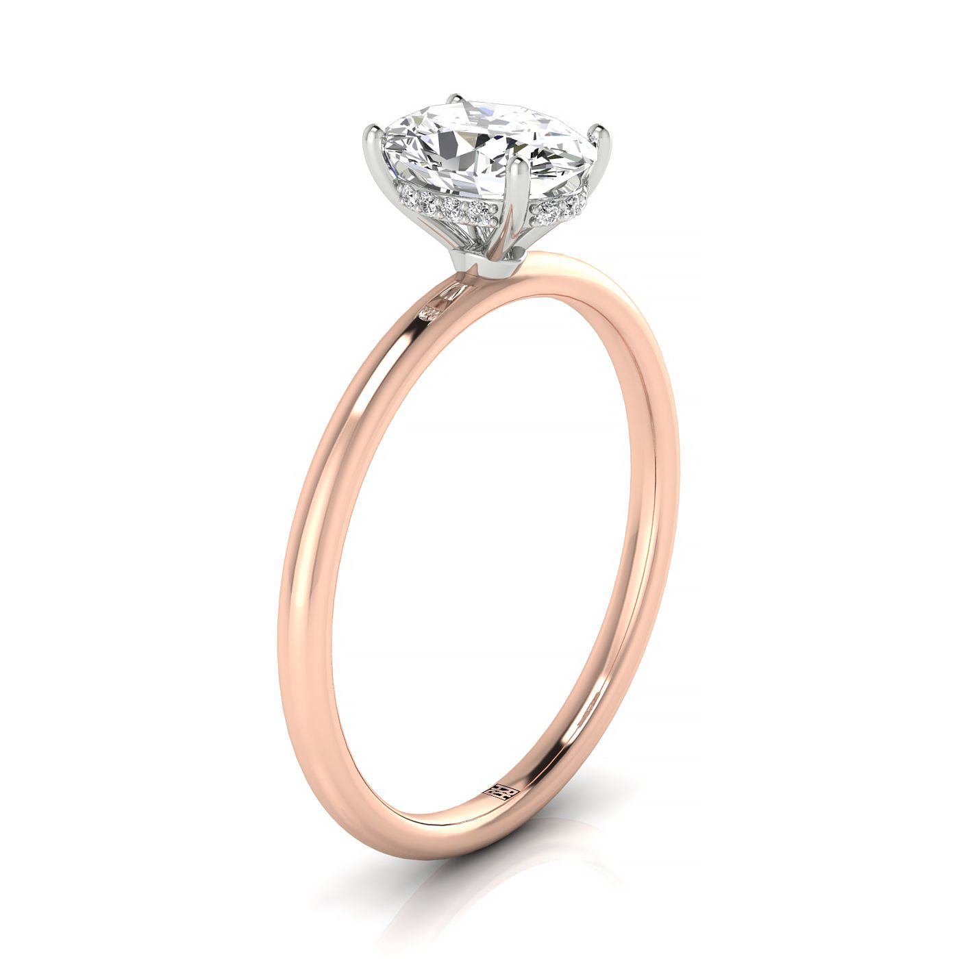 14kr Oval Solitaire Engagement Ring With Upper Hidden Halo With 16 Prong Set Round Diamonds
