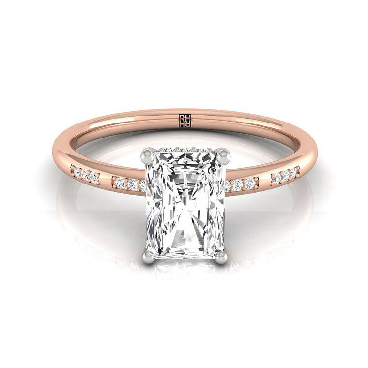 The Wanda Hidden Halo Pavé Solitaire Radiant Cut Engagement Ring Setting in 14K Rose Gold