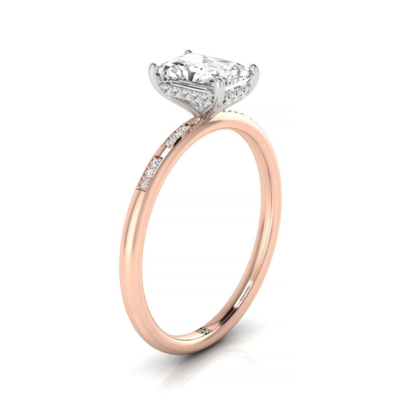 Hidden Halo Pavé Solitaire Cut styling on The Wanda radiant engagement ring setting | RockHer