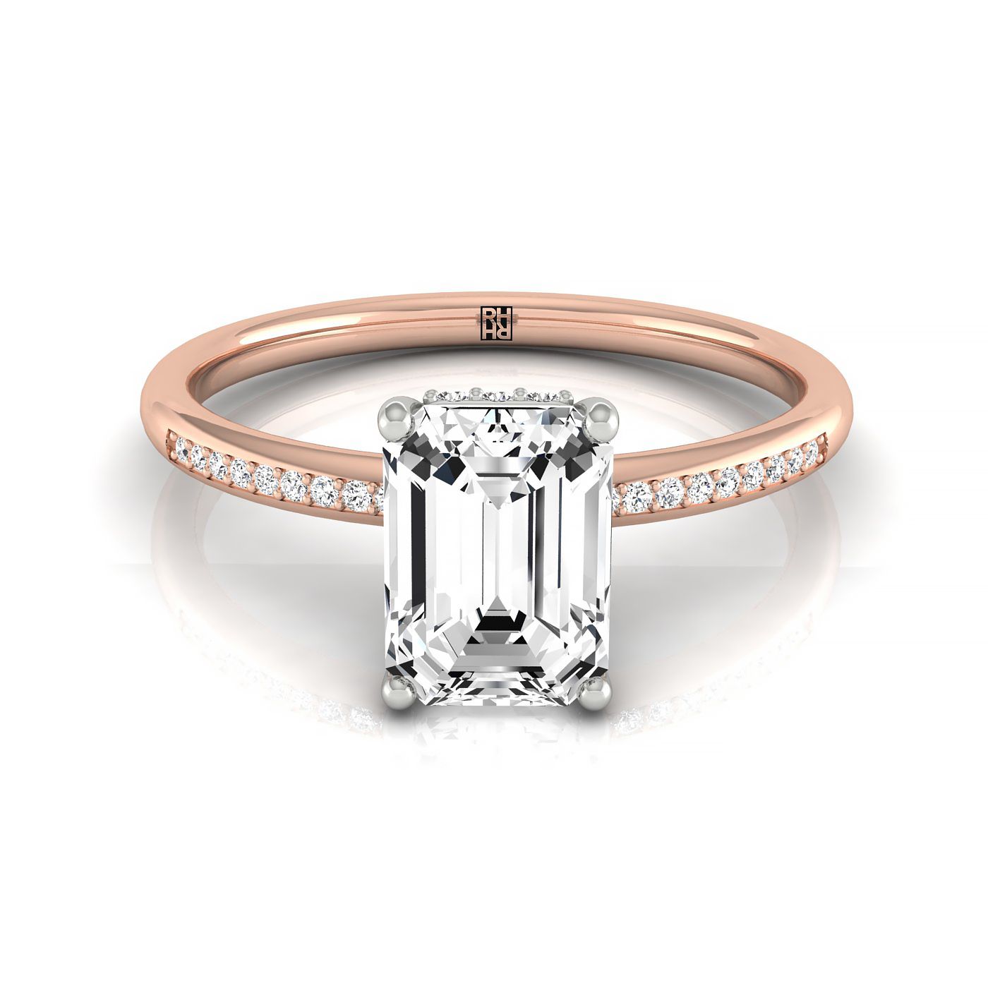 14kr Emerald Engagement Ring With High Hidden Halo With 34 Prong Set Round Diamonds