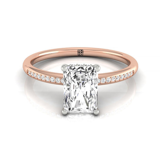 14kr Radiant Engagement Ring With High Hidden Halo With 42 Prong Set Round Diamonds