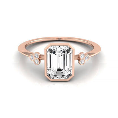 14kr Bezel Set Emerald Engagement Ring With 6 Clover Bezel Set Round Diamonds On Shank
