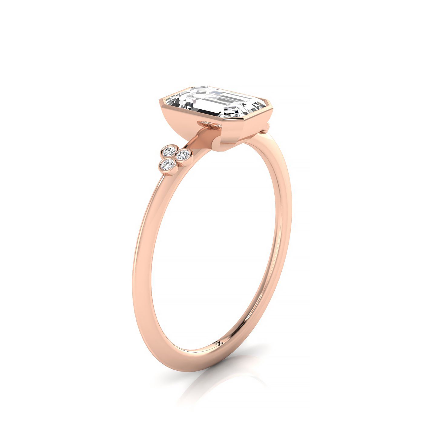 14kr Bezel Set Emerald Engagement Ring With 6 Clover Bezel Set Round Diamonds On Shank