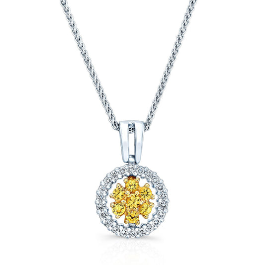 Yellow Sapphire Cluster Pendant With Diamond Halo Border In 18k Yellow And White Gold (17-in Spiga Chain)