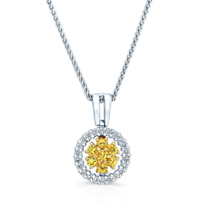 Yellow Sapphire Cluster Pendant With Diamond Halo Border In 18k Yellow And White Gold (17-in Spiga Chain) | RockHer