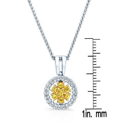 Yellow Sapphire Cluster Pendant With Diamond Halo Border In 18k Yellow And White Gold (17-in Spiga Chain)