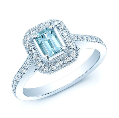 Aquamarine And Diamond Ring In 14k White Gold ( 6x4 )