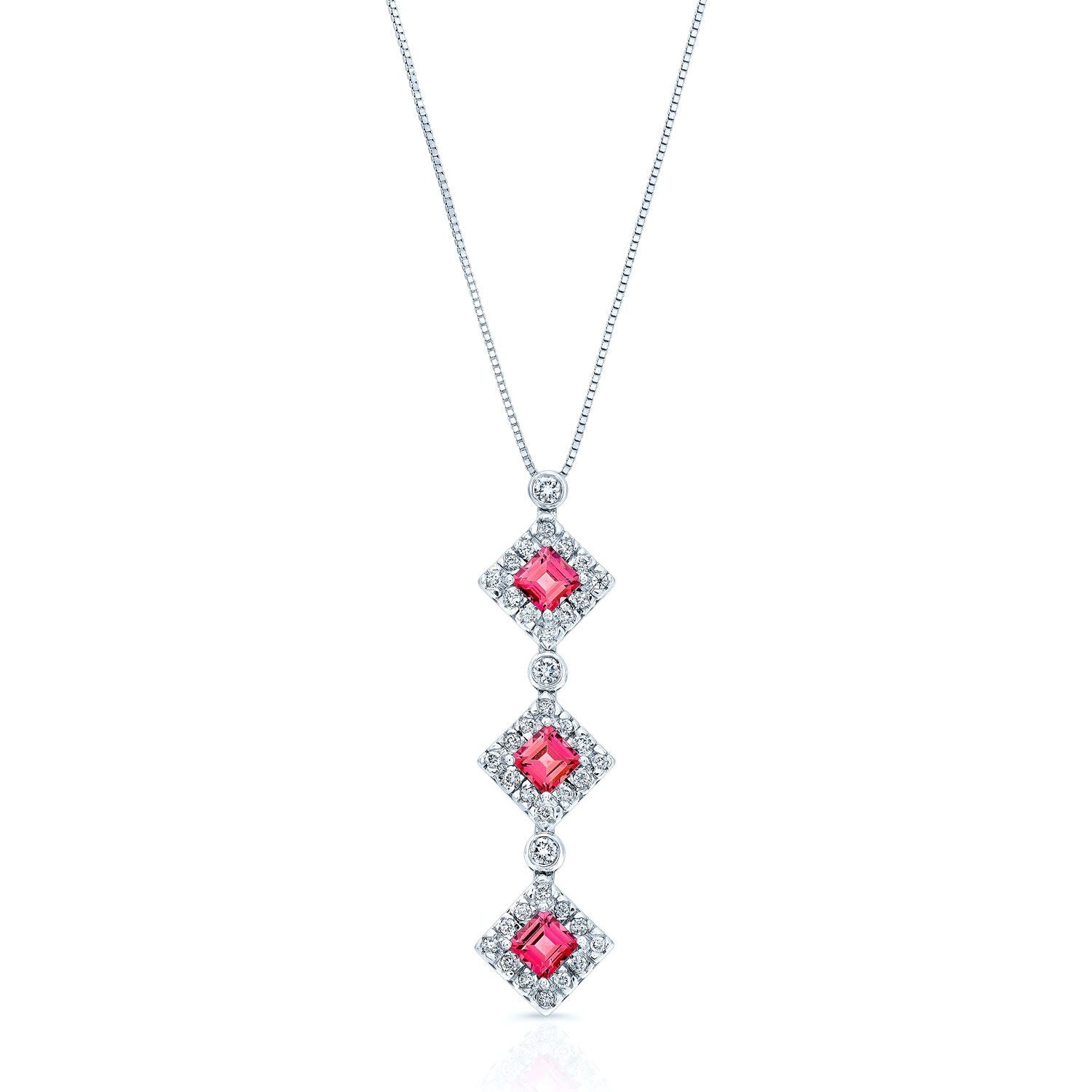 Pink Tourmaline And Diamond Triple Square Halo Drop Pendant In 14k White Gold (17-in Box Chain)