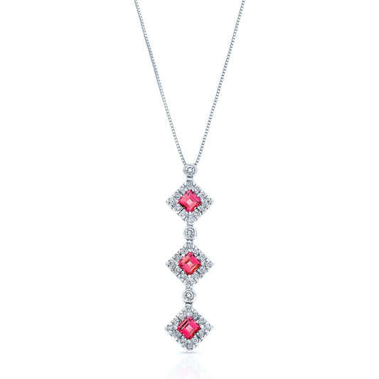 Pink Tourmaline And Diamond Triple Square Halo Drop Pendant In 14k White Gold (17-in Box Chain)