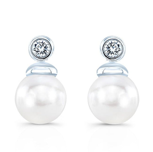 Pearl And Diamond Button Drop Earrings In 14k White Gold
