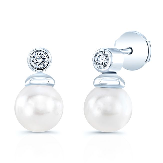 Pearl And Diamond Button Drop Earrings In 14k White Gold