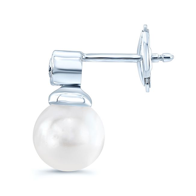 Pearl And Diamond Button Drop Earrings In 14k White Gold