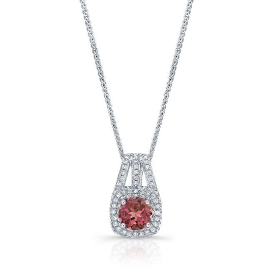 Pink Tourmaline And Diamond Puff Pave Pendant With Triple-split Bail In 14k White Gold (6mm Round)