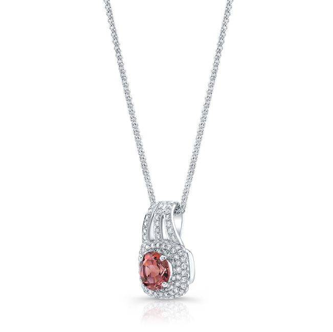 Pink Tourmaline And Diamond Puff Pave Pendant With Triple-split Bail In 14k White Gold (6mm Round)
