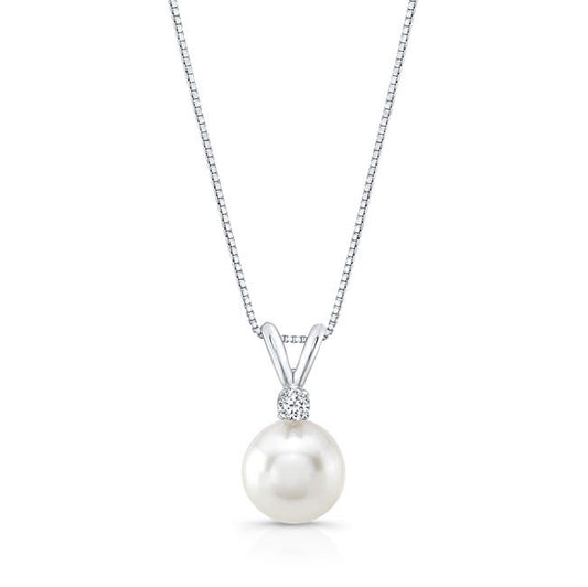 Freshwater White Pearl And Diamond Pendant With Rabbit Ear Bail In 14k White Gold (8.5-9.0mm)