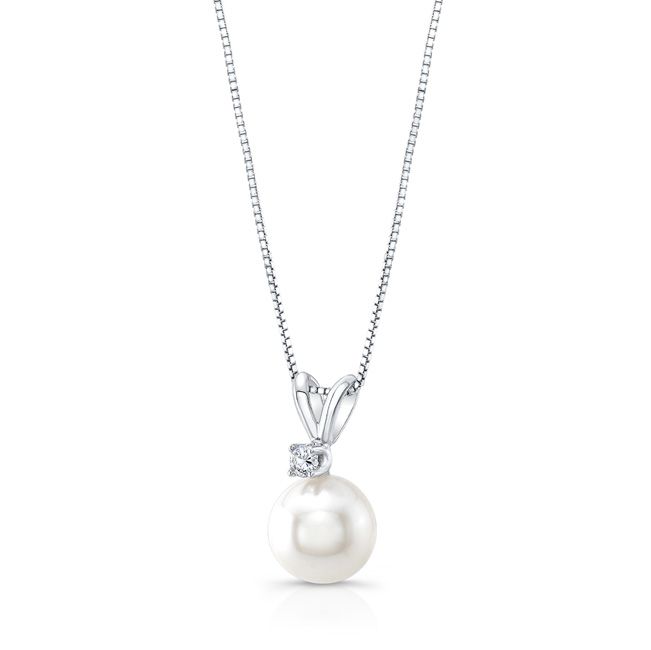 Freshwater White Pearl And Diamond Pendant With Rabbit Ear Bail In 14k White Gold (8.5-9.0mm)