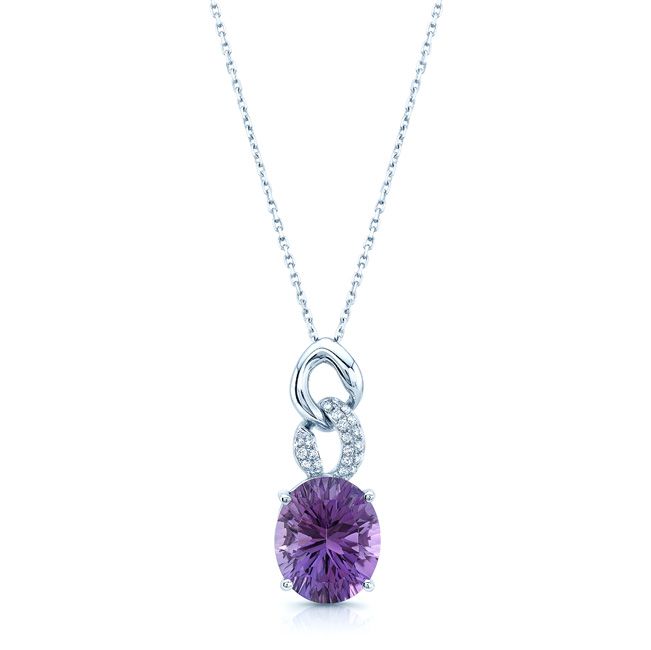 Amethyst And Diamond Interlocking Links Pendant In 14k White Gold Si (18-in Curb Chain)