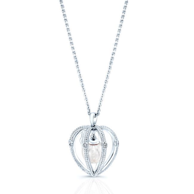 Pearl And Diamond Heart Cage Dangle Pendant In 14k White Gold (17-in Curb Chain)