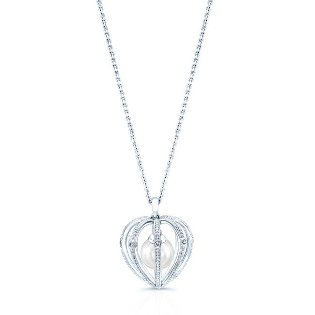 Pearl And Diamond Heart Cage Dangle Pendant In 14k White Gold (17-in Curb Chain)