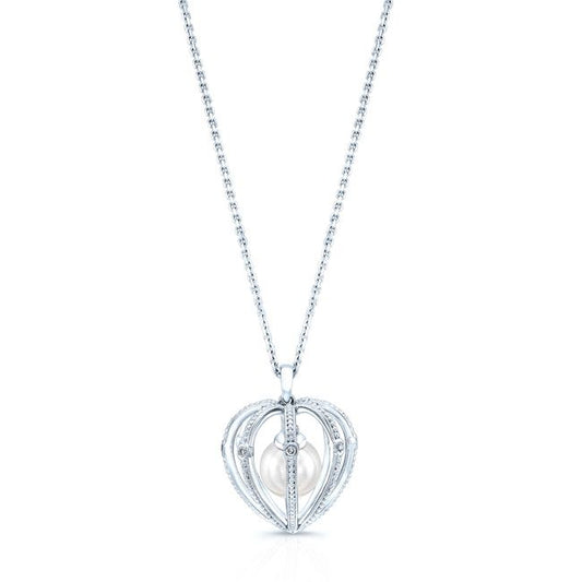 Pearl And Diamond Heart Cage Dangle Pendant In 14k White Gold (17-in Curb Chain)