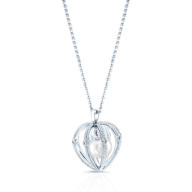 Pearl And Diamond Heart Cage Dangle Pendant In 14k White Gold (17-in Curb Chain)