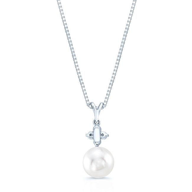 Pearl Pendant With Diamond 4-petal Flower Crest In 14k White Gold (7.5-8mm)