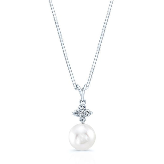 Pearl Pendant With Diamond 4-petal Flower Crest In 14k White Gold (7.5-8mm)