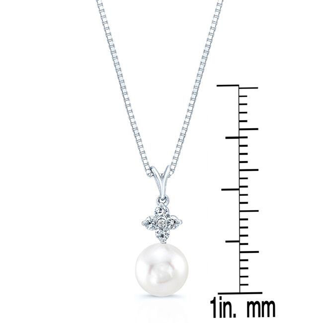 Pearl Pendant With Diamond 4-petal Flower Crest In 14k White Gold (7.5-8mm)