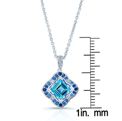 Swiss Blue Topaz, Sapphire And Diamond Pendant In 14k White Gold