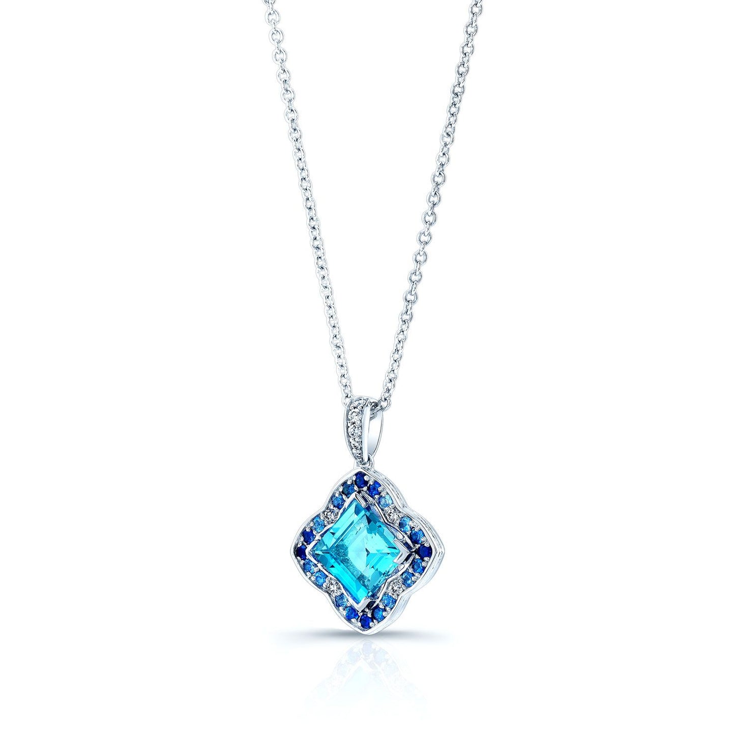 Swiss Blue Topaz, Sapphire And Diamond Pendant In 14k White Gold