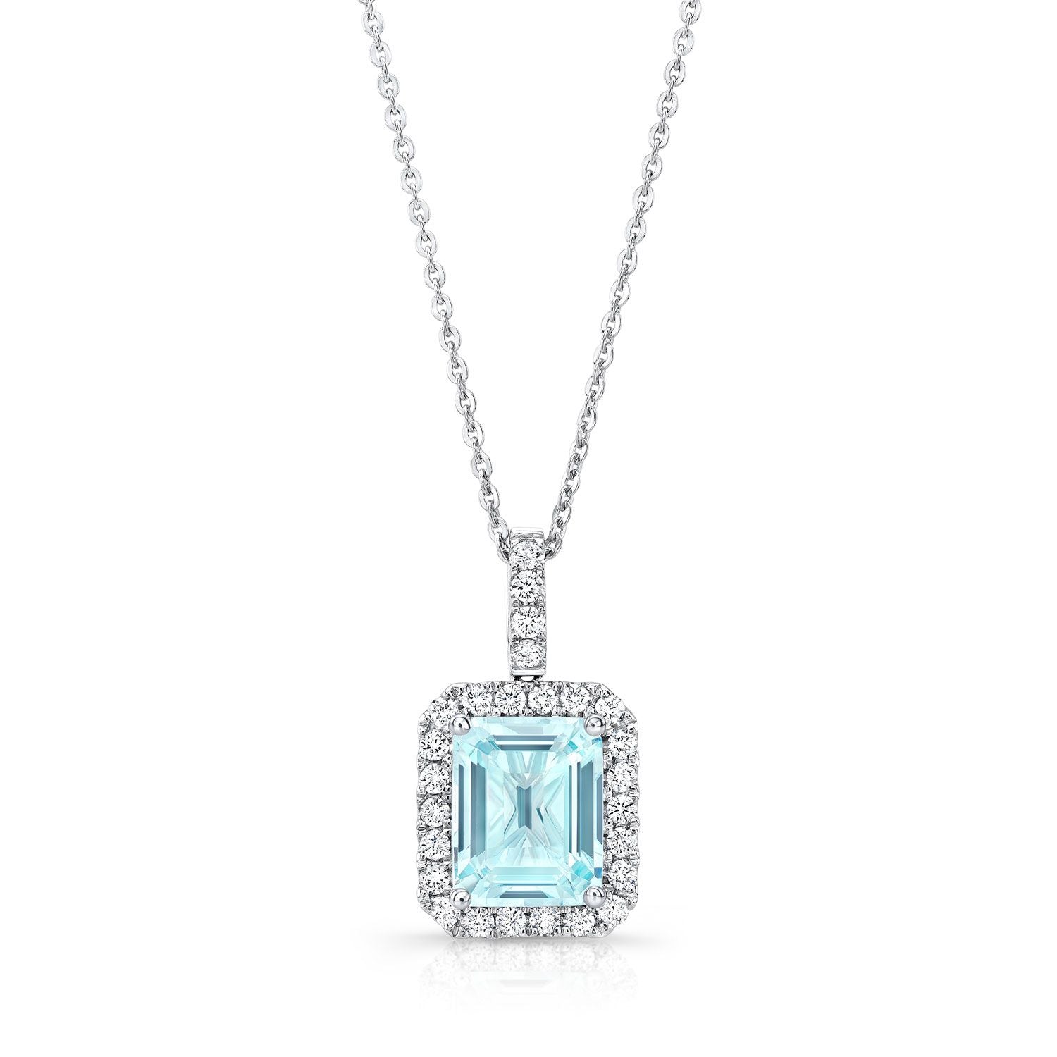 Aquamarine And Diamond Emerald-cut Halo Pendant In 14k White Gold (10x8mm Center)