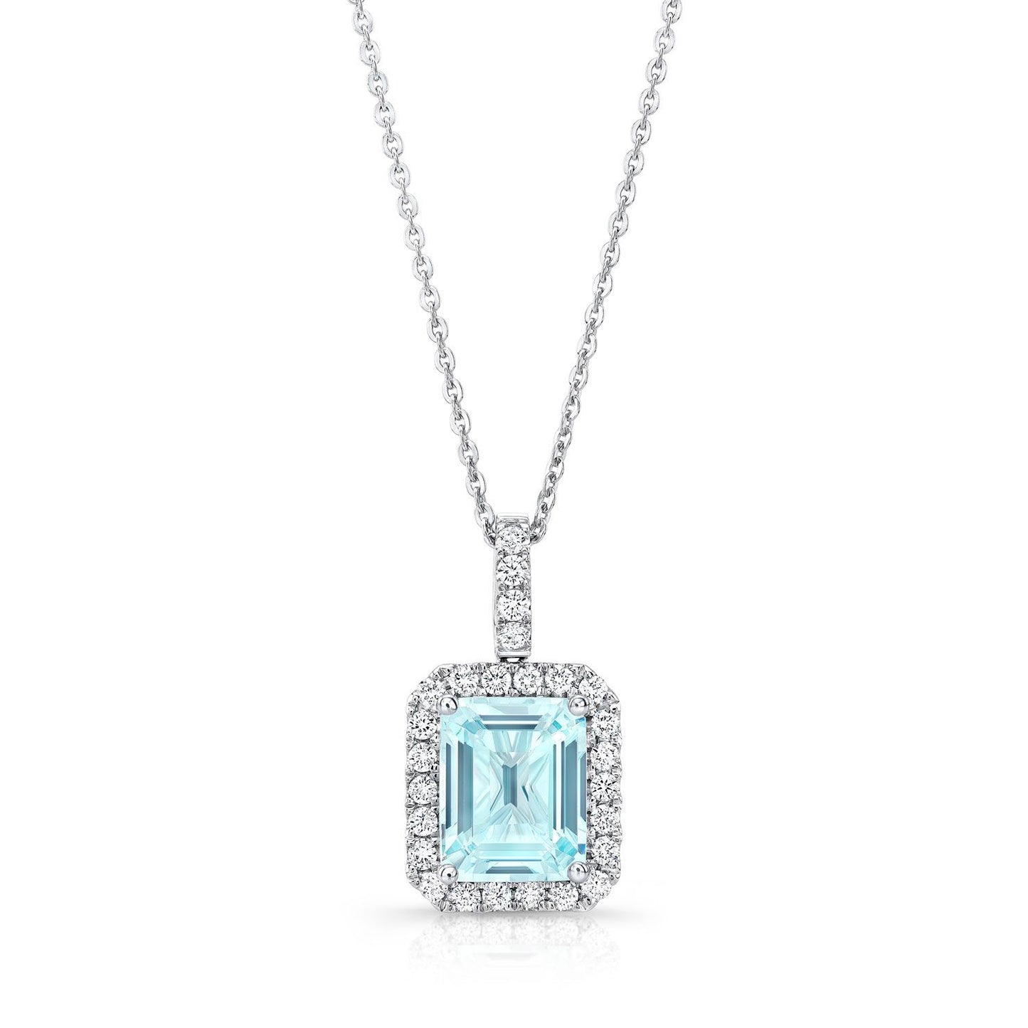 Aquamarine And Diamond Emerald-cut Halo Pendant In 14k White Gold (10x8mm Center)