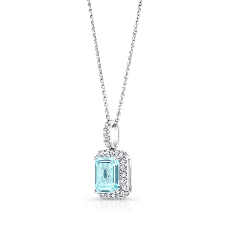 Aquamarine And Diamond Emerald-cut Halo Pendant In 14k White Gold (10x8mm Center)