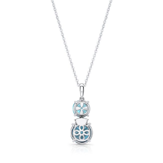 Blue Topaz And Diamond Stacked Round Pendant In 14k White Gold 16-18 Inch Adj Rolo Chain